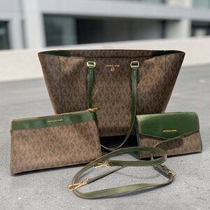 Michael Kors Brown & Green Signature Tote Set with Pouch, Wallet and Strap